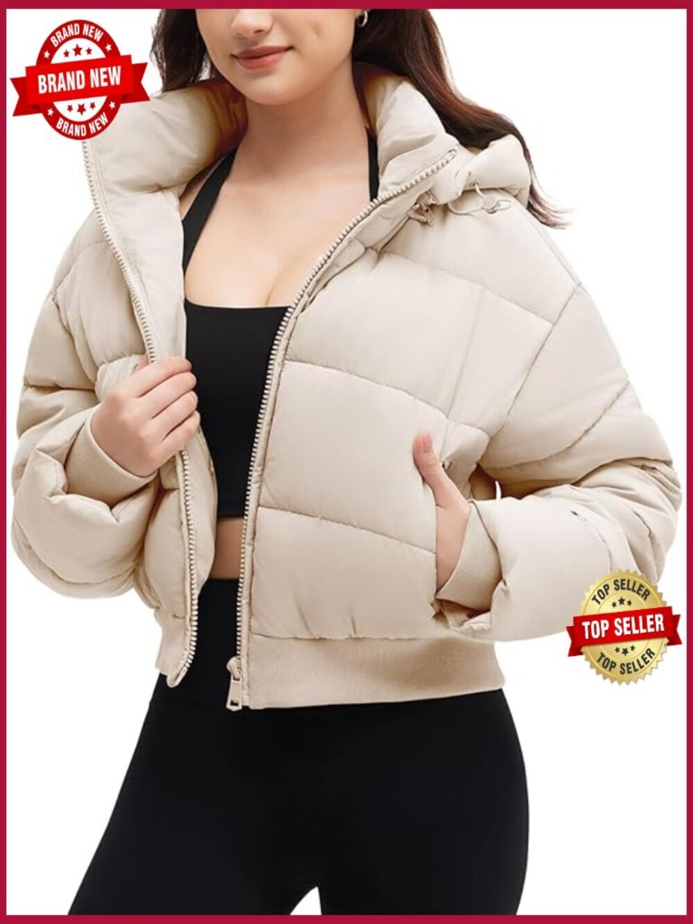 Women's Cropped Puffer Jacket Detachable Hood Quilted Short Coat Zippered